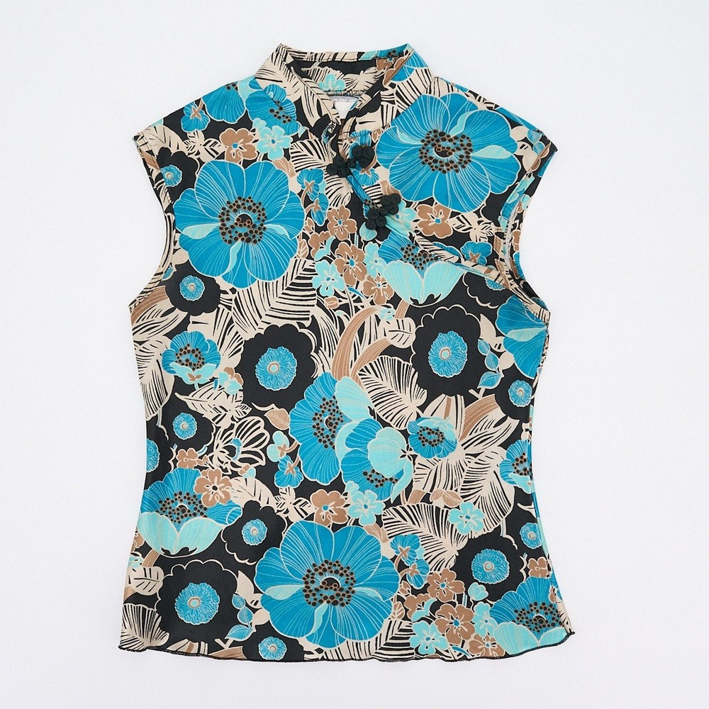 Rave Turquoise Black Floral Sleeveless Top Mandarin Collar Frog Closures